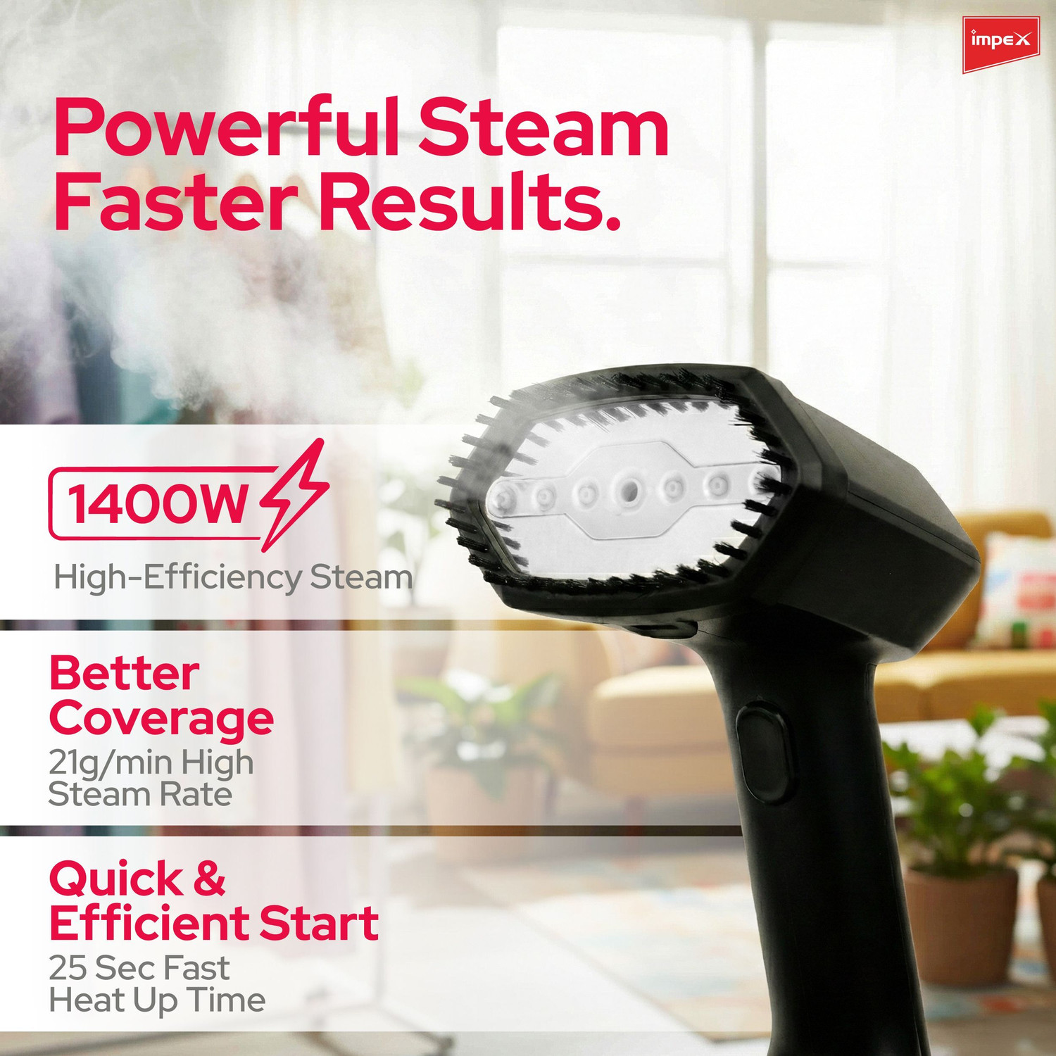 Image of Impex TURBO STEAM Lite with 1400W | 280ml Large Tank | 25s Fast Heat-up | Leak-Proof Handheld Fabric Steamer