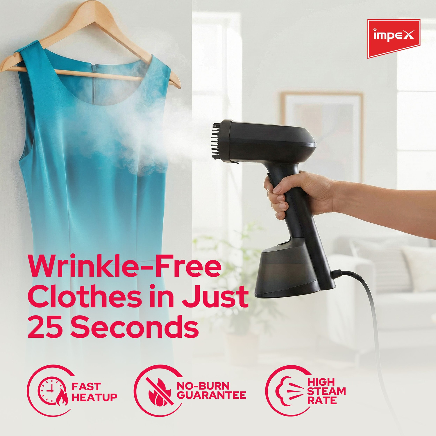 Image of Impex TURBO STEAM Lite with 1400W | 280ml Large Tank | 25s Fast Heat-up | Leak-Proof Handheld Fabric Steamer