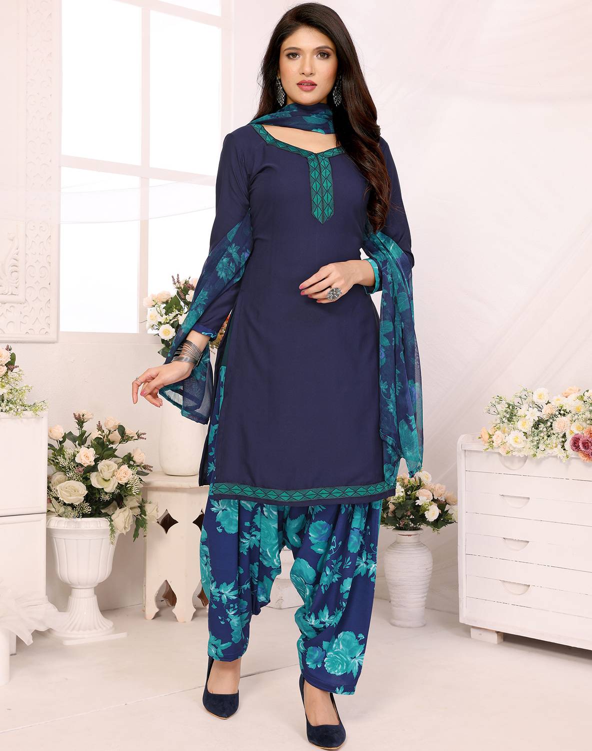 ANJAVI FASHION Crepe Solid, Floral Print, Printed, Geometric Print Salwar Suit Material
