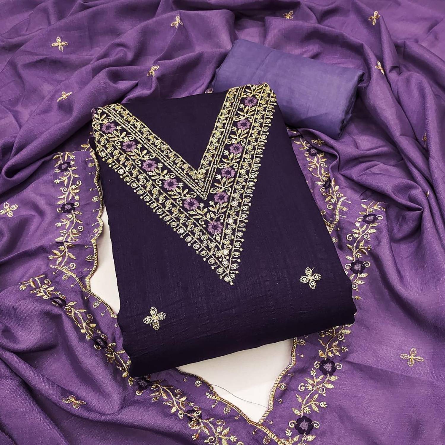 BlissFlair Cotton Silk Embroidered Salwar and Dupatta Material