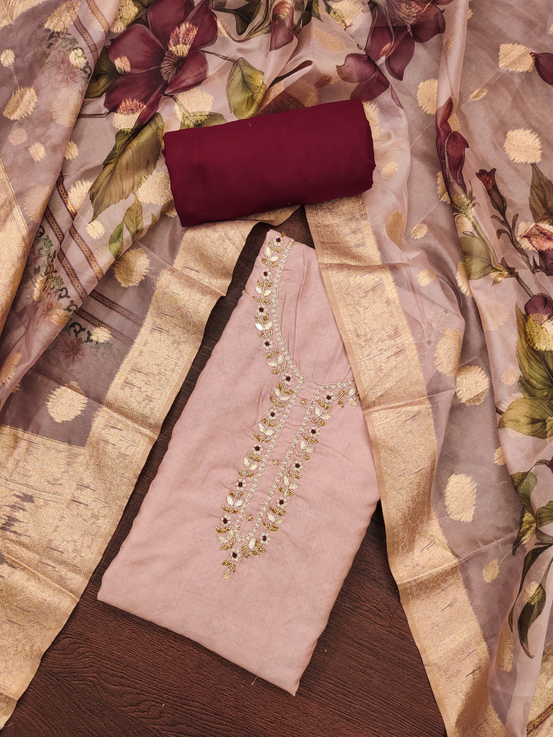 Image of manvaa Cotton Blend Embellished Salwar Suit Material