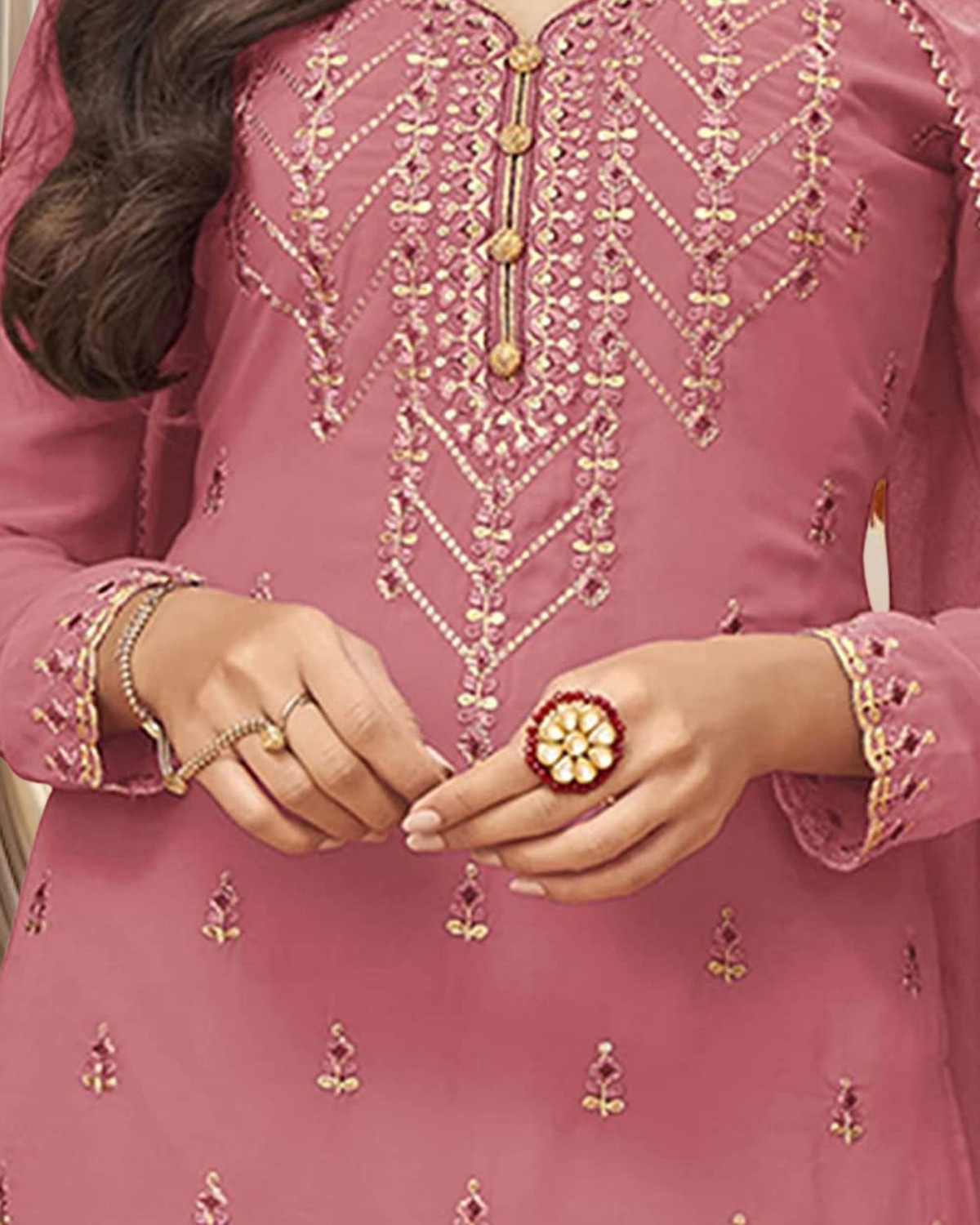 Image of Dealbazaars Corporation Georgette Embroidered, Embellished, Self Design Kurta & Sharara Fabric
