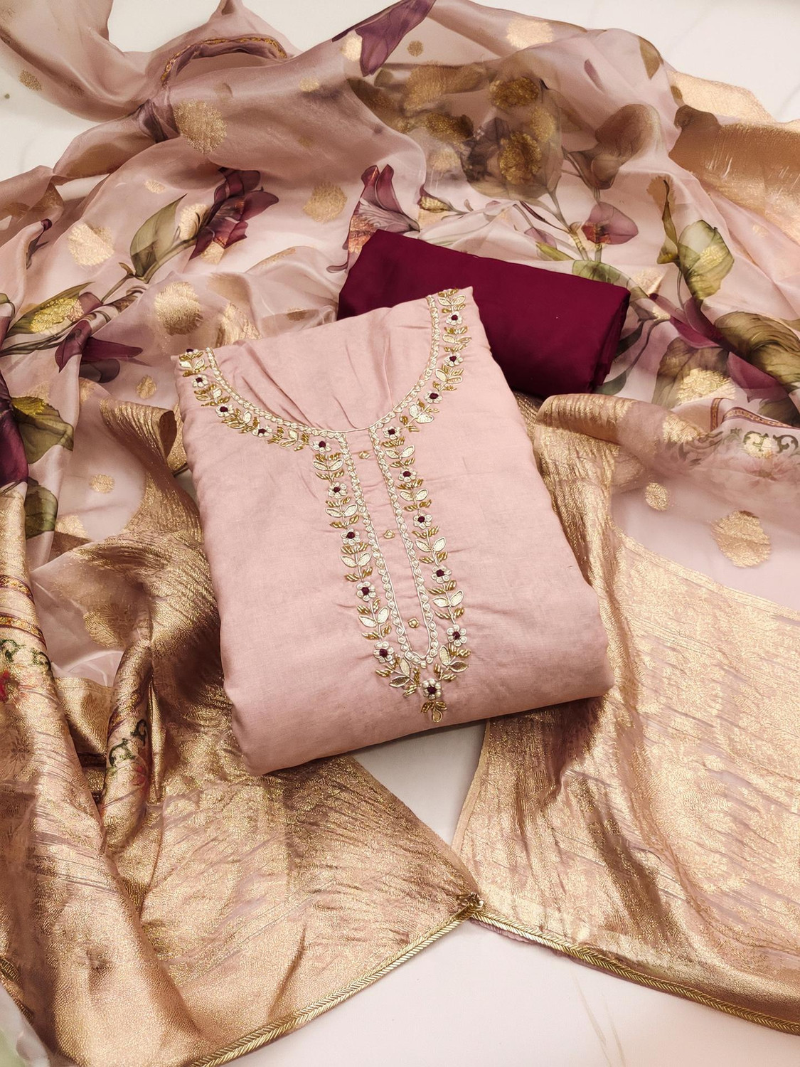Image of manvaa Cotton Blend Embellished Salwar Suit Material