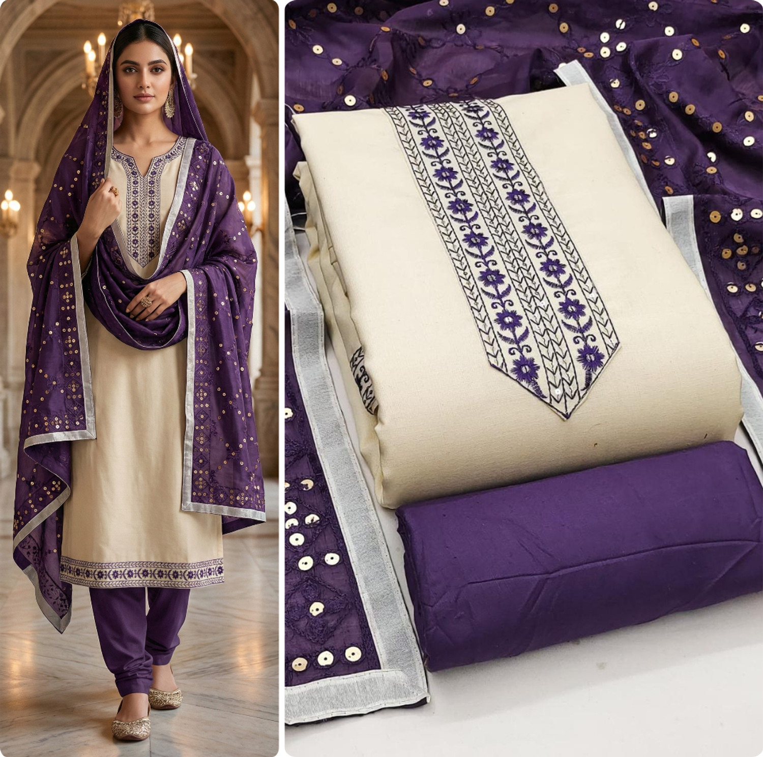 Image of kritanya creation Unstitched Cotton Blend Kurta & Churidar Material Embroidered