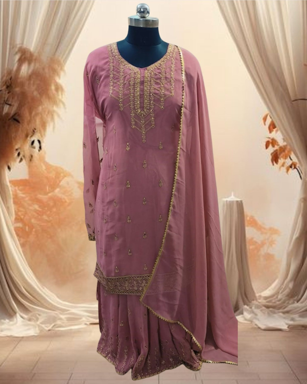 Image of Dealbazaars Corporation Georgette Embroidered, Embellished, Self Design Kurta & Sharara Fabric