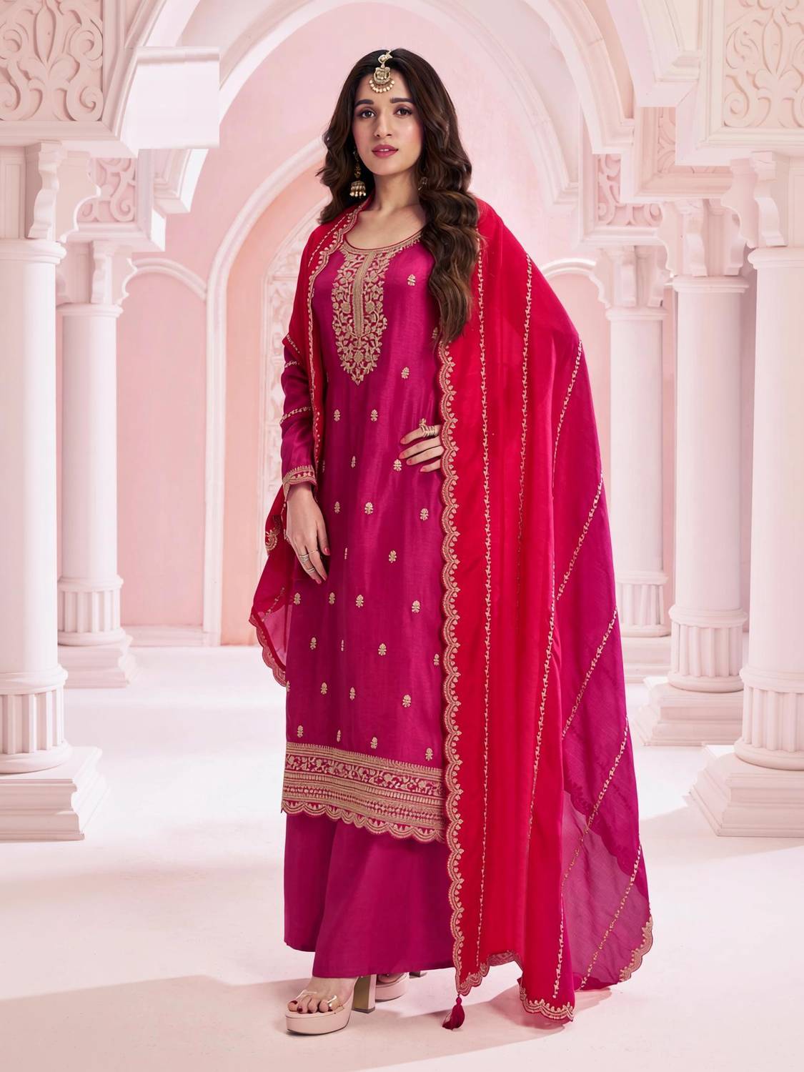 Aumira Silk Blend Embroidered Kurta & Palazzo Material