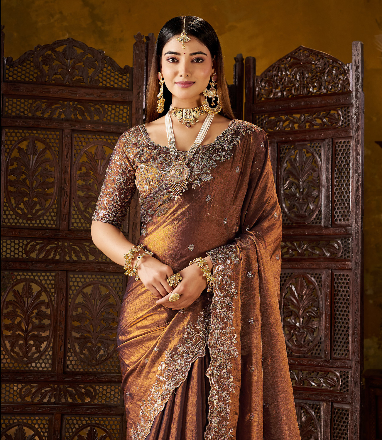 Image of Vivan Fab Embroidered, Embellished Bollywood Jimmy Jimmy, Satin Saree