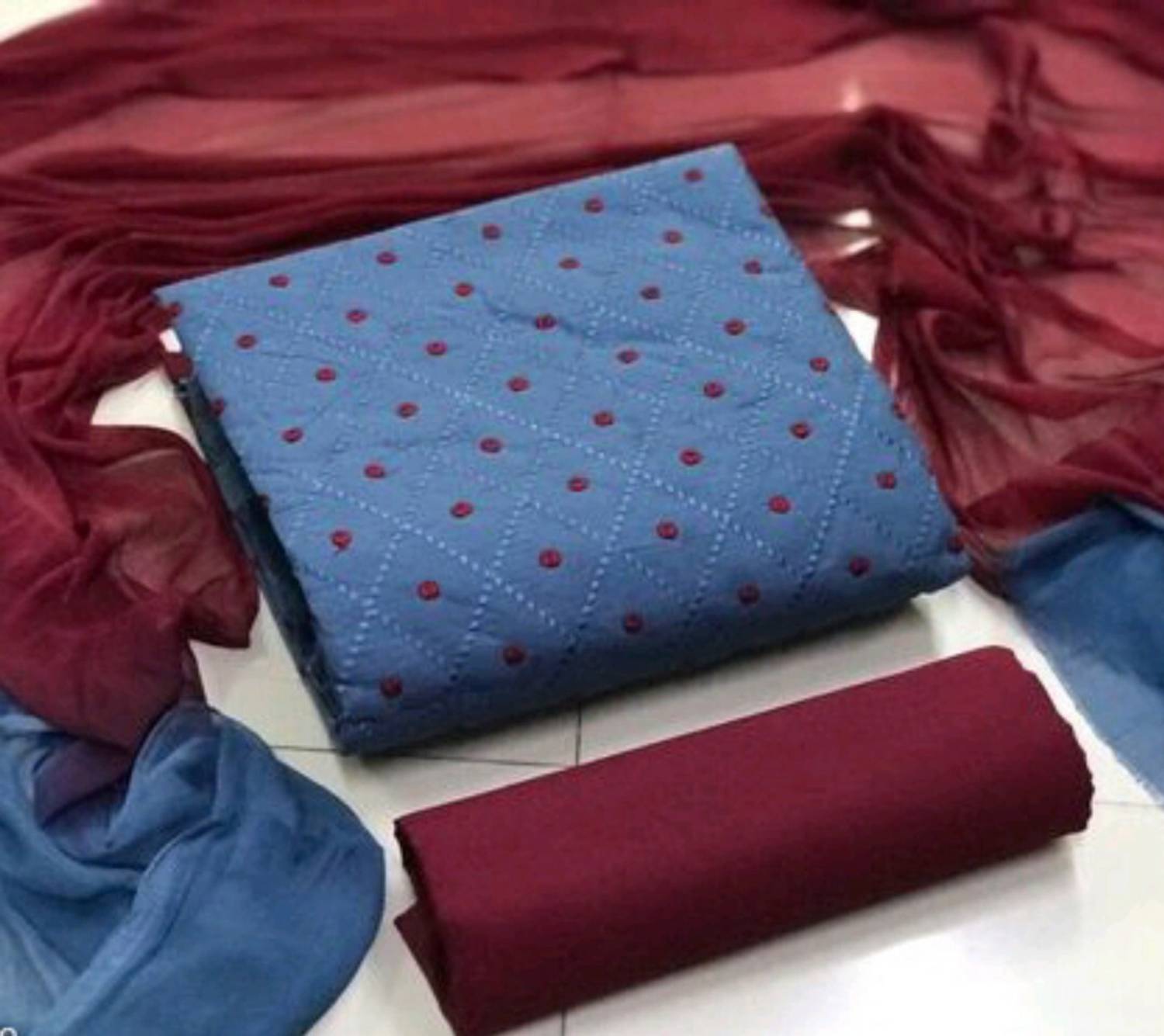 ALL IN ONE Cotton Blend Embroidered Kurta & Churidar Material