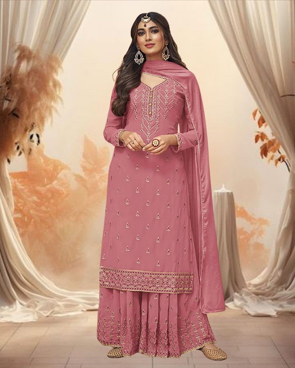 Image of Dealbazaars Corporation Georgette Embroidered, Embellished, Self Design Kurta & Sharara Fabric