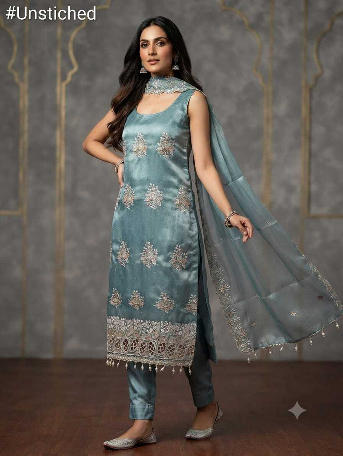 floraandfibers Georgette Embroidered Salwar Suit Material