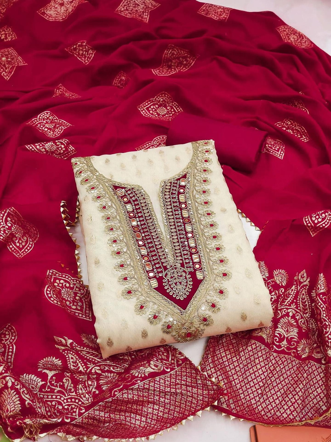 ISHA TRADE Pure Silk Embroidered Salwar Suit Material