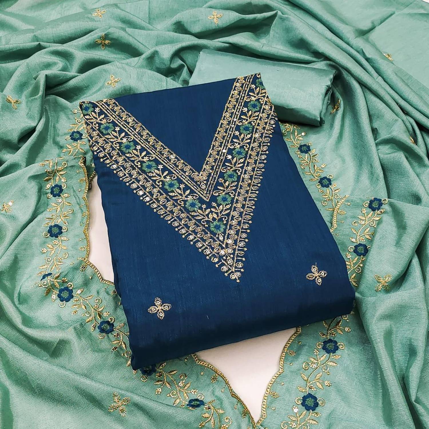 BlissFlair Cotton Silk Embroidered Salwar and Dupatta Material