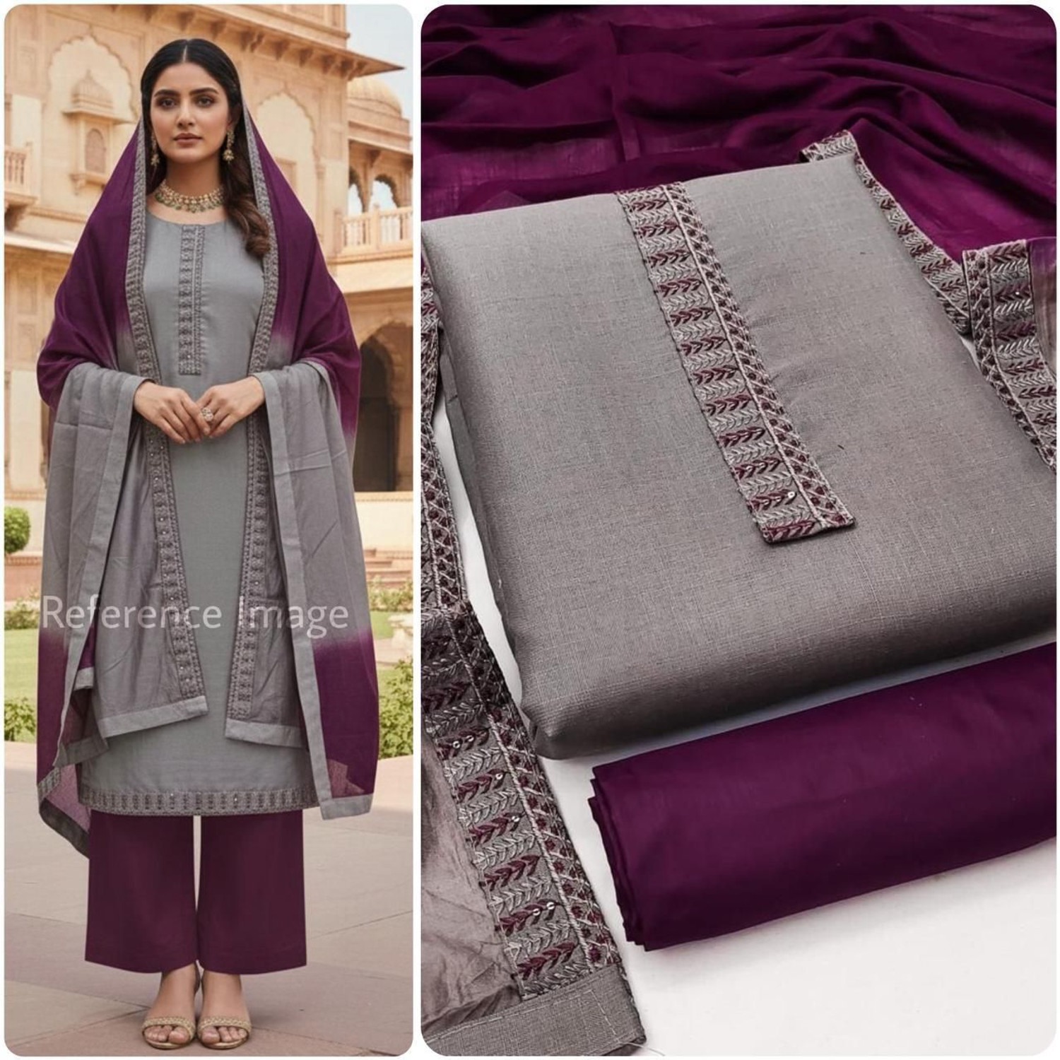 Image of HMP Fashion Cotton Blend Solid, Embroidered Salwar and Dupatta Material