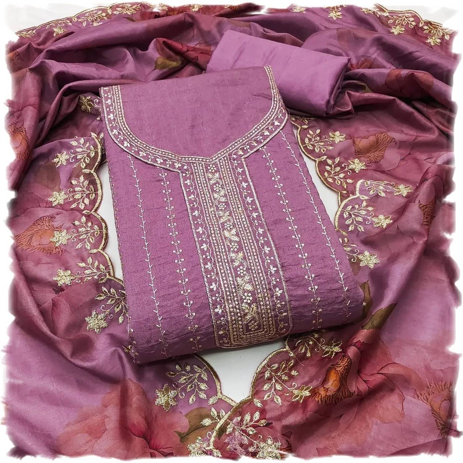 LeeliPeeri Designer Silk Blend Embroidered Salwar Suit Material