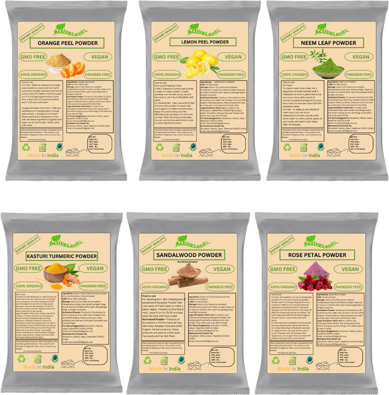 Activeland Kasturi Haldi, Sandalwood, Neem , Orange , Lemon Peel & Rose Powder 50g Each
