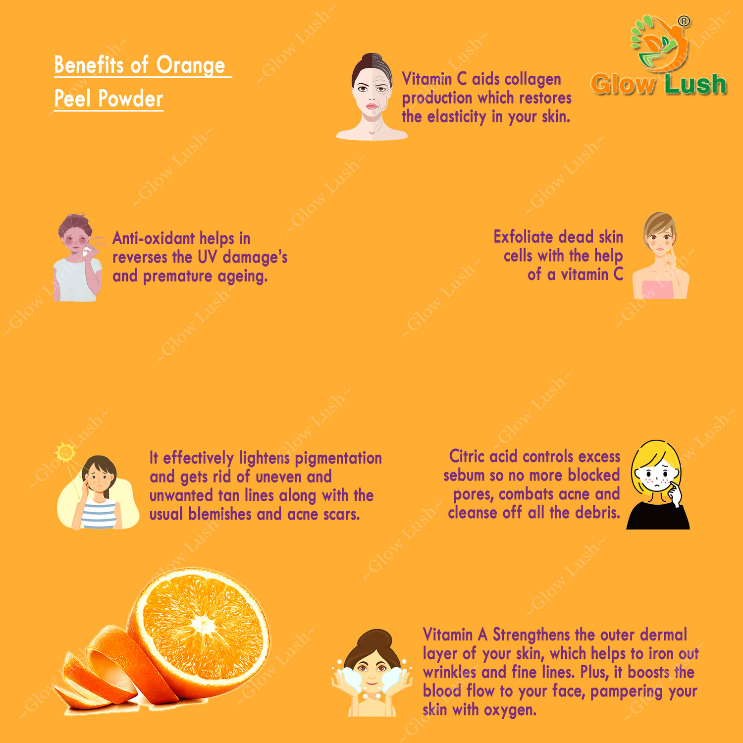 Image of Glow Lush Orange Peel Powder (125 g) for Skin & Face - for Tan Removal & skin whitening