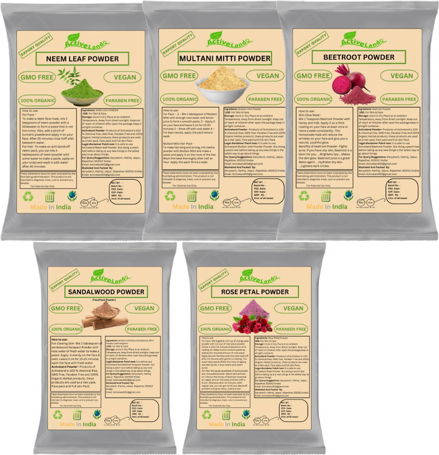 Activeland Sandalwood, Multani mitti, Neem Leaf, Beetroot And Rose Powder
