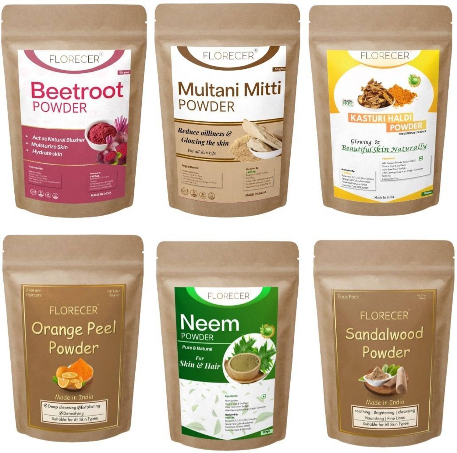 FLORECER Kasturi Haldi,Neem,Orange Peel,Multani Mitti,Beetroot,Sandalwood Powder For Skin Rs. 134 - Flipkart