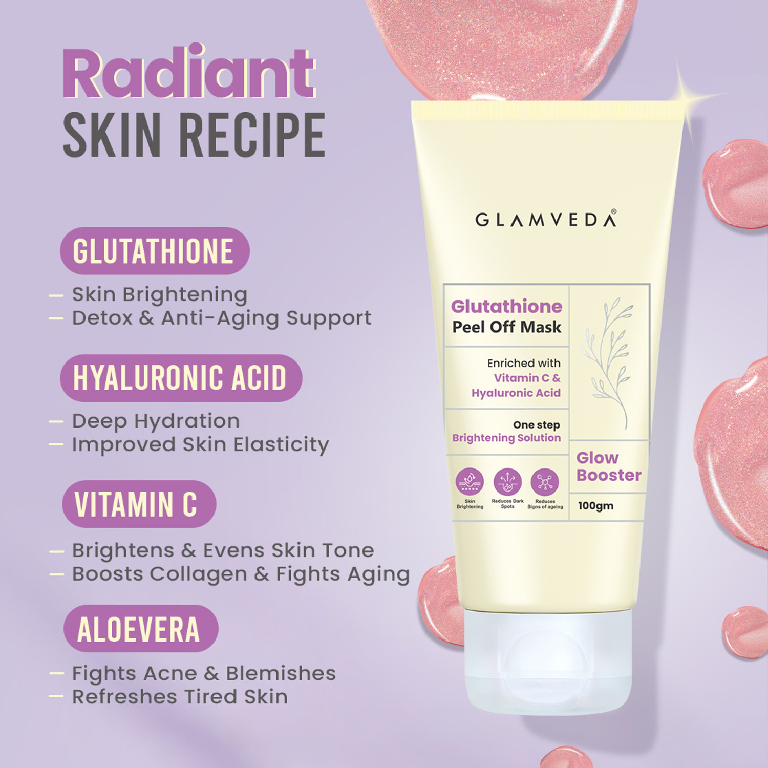 Image of GLAMVEDA Glutathione Glow Booster Peel Off Mask with Vitamin C & Hyaluronic Acid