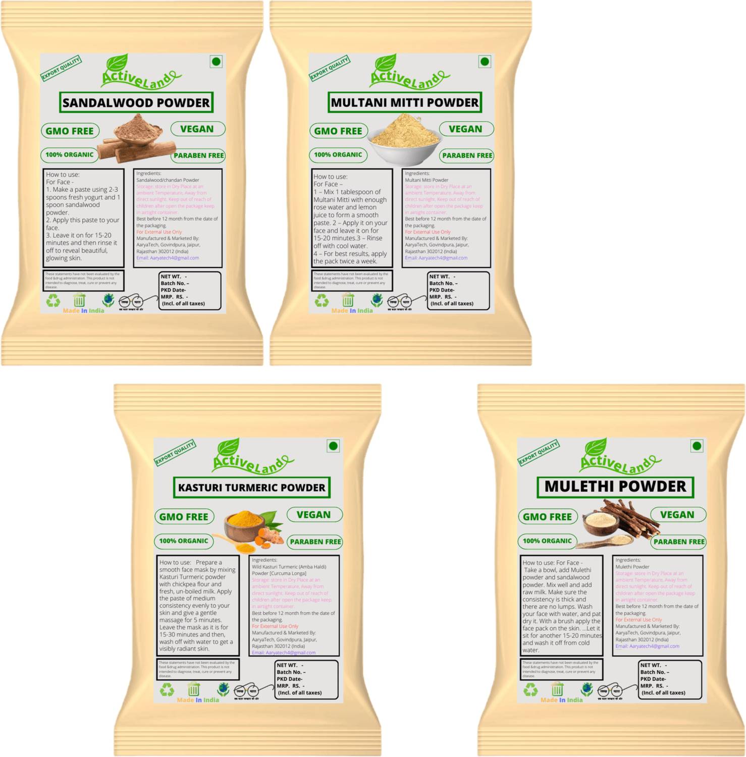 Activeland Sandalwood Face pack Multani powder Turmeric powder Mulethi powder50gm each