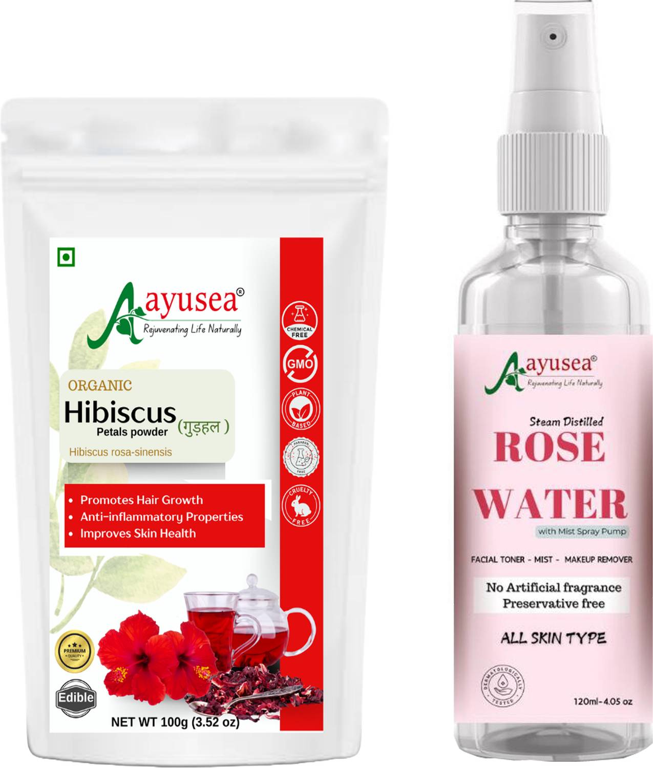 AYUSEA hibiscus powder 100g and Rose water 120 ml for glowing skin
