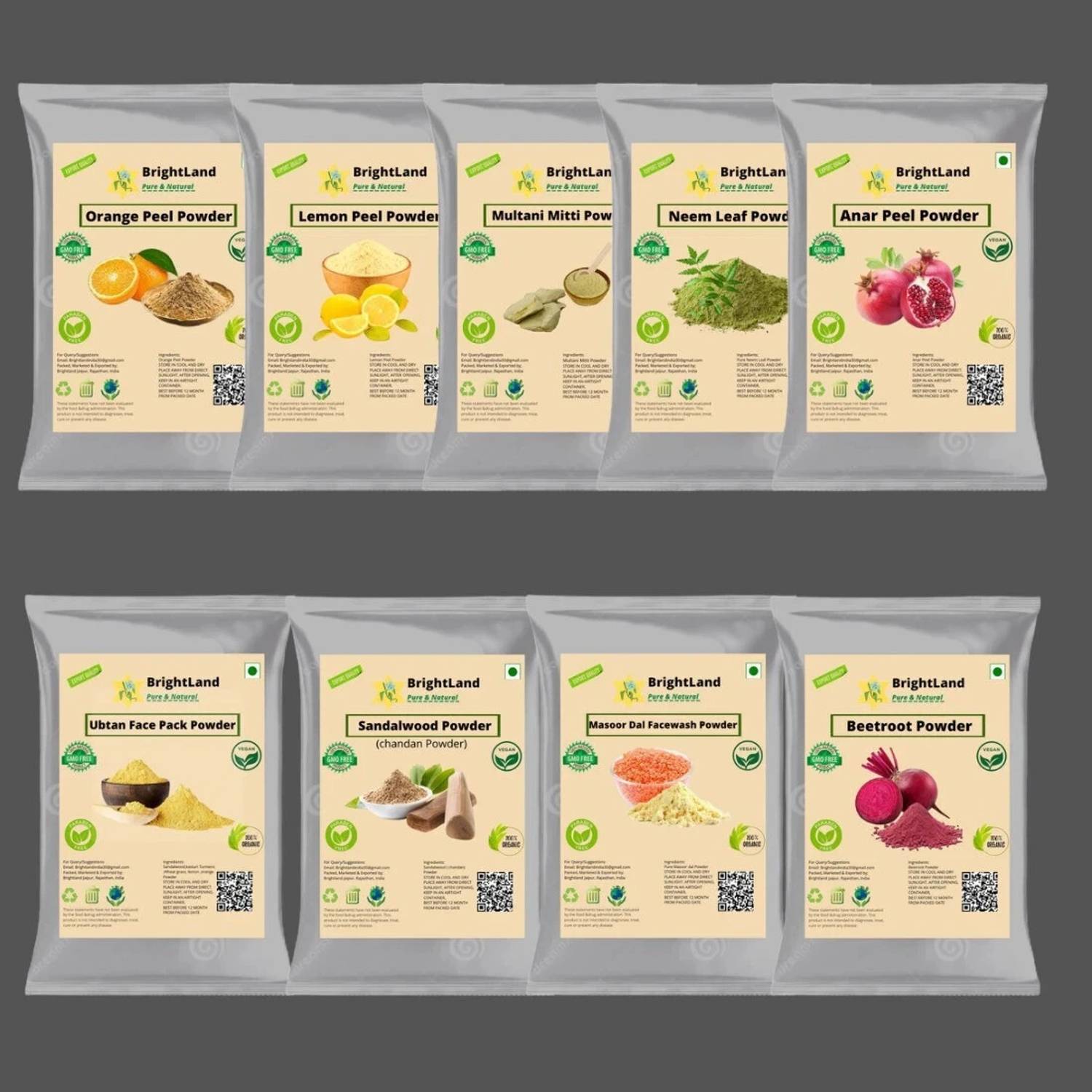 Brightland orange Lemon Multani Neem Ubtan Sandalwood Masoor Anar Beetroot powder 50g each