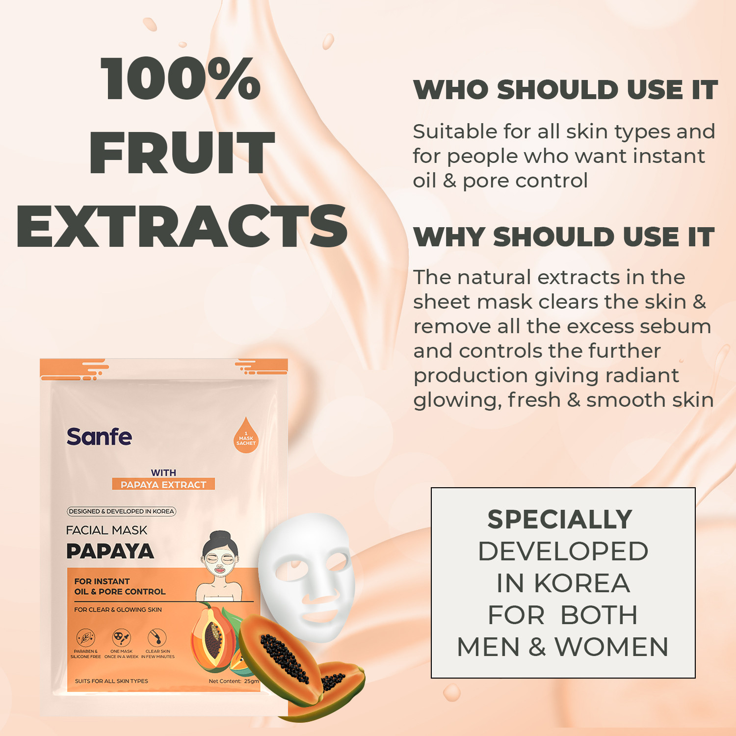 Image of Sanfe Papaya Face Sheet Mask 25gm Pack of 4| For radiant & glowing skin (25 g)