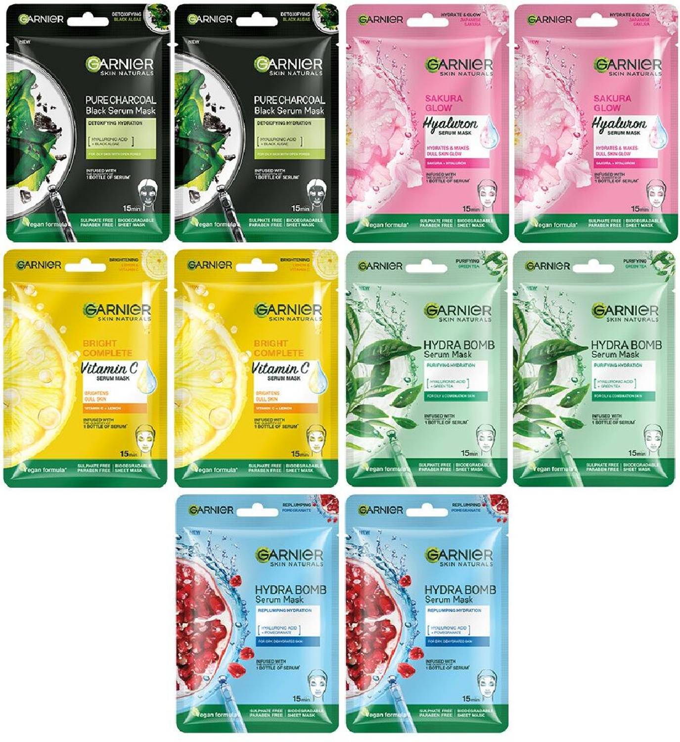 GARNIER Sheet Mask Pack Of 10 (Vit C +Sakura+Charcoal+Hydra+Green Tea) PO10 price history chart and lowest price