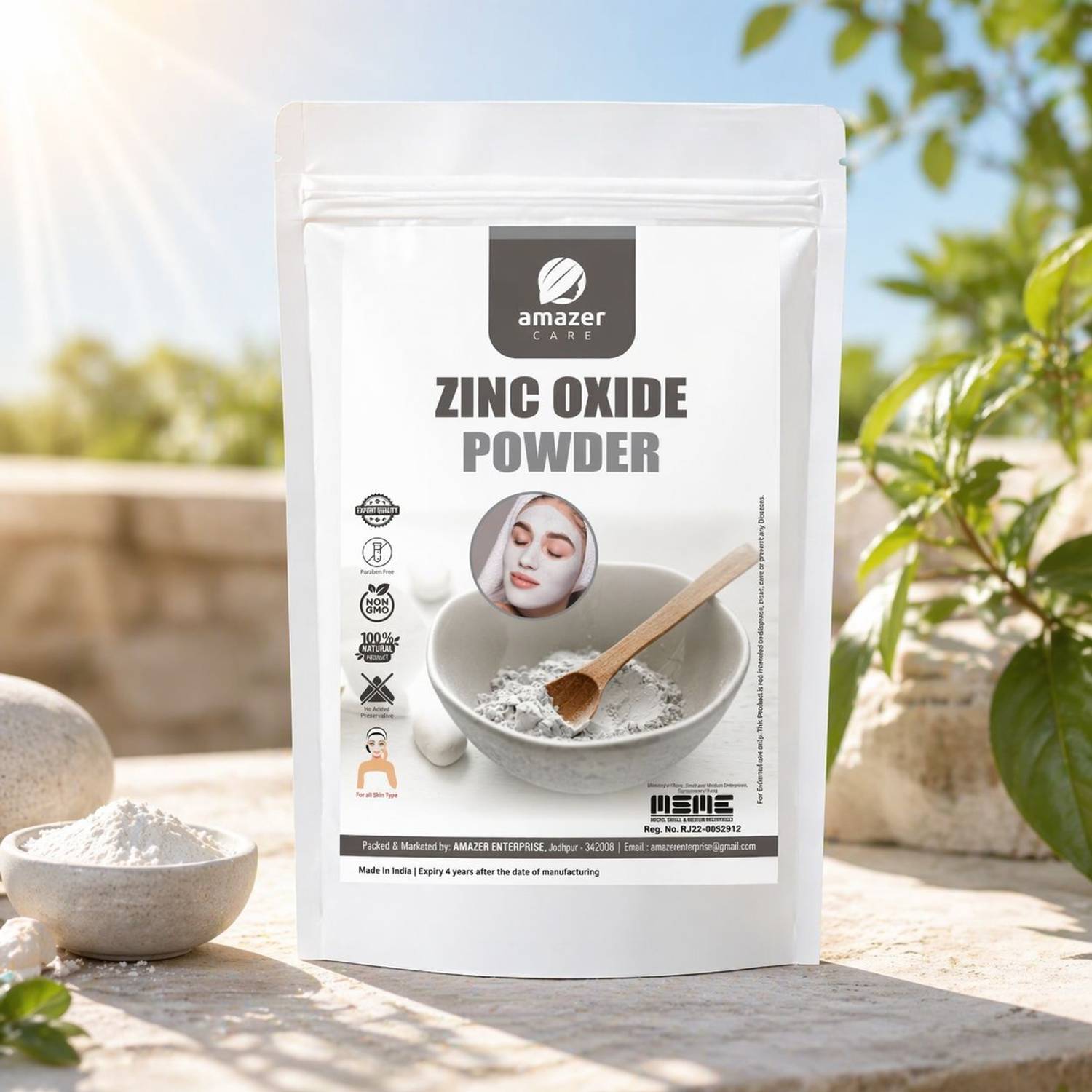 Amazer Care Zinc Oxide Powder for Face Pack, Body & Skin Care, Natural Sunscreen Powder)