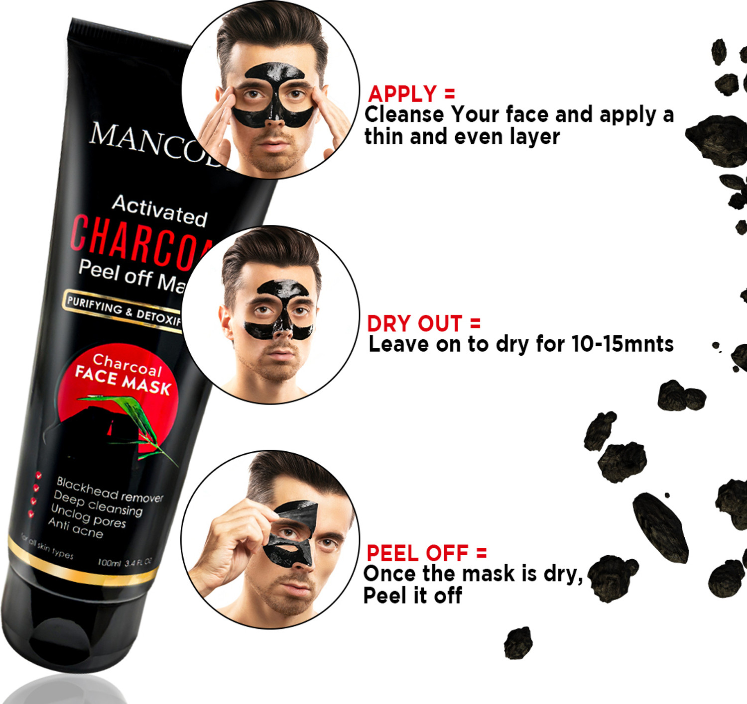 Image of MANCODE Charcoal Peel Off Mask for Men Detoxifies Skin, Deep Cleansing Black Face Mask