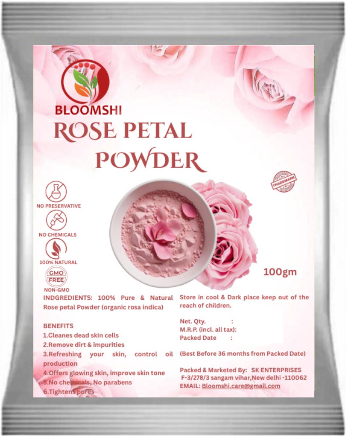 BLOOMSHI 100% PURE Natural Rose Petal Powder for Face Care and Skin Care