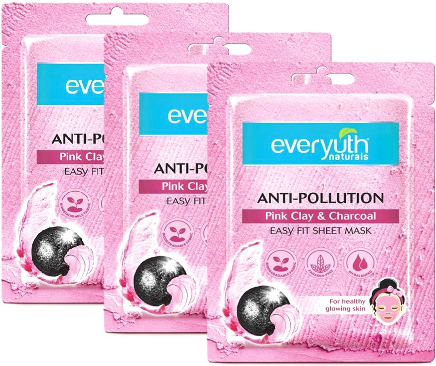 Image of Everyuth Naturals Anti Pollution Pink Clay & Charcoal Sheet Mask (Pack of 3 * 25ml)