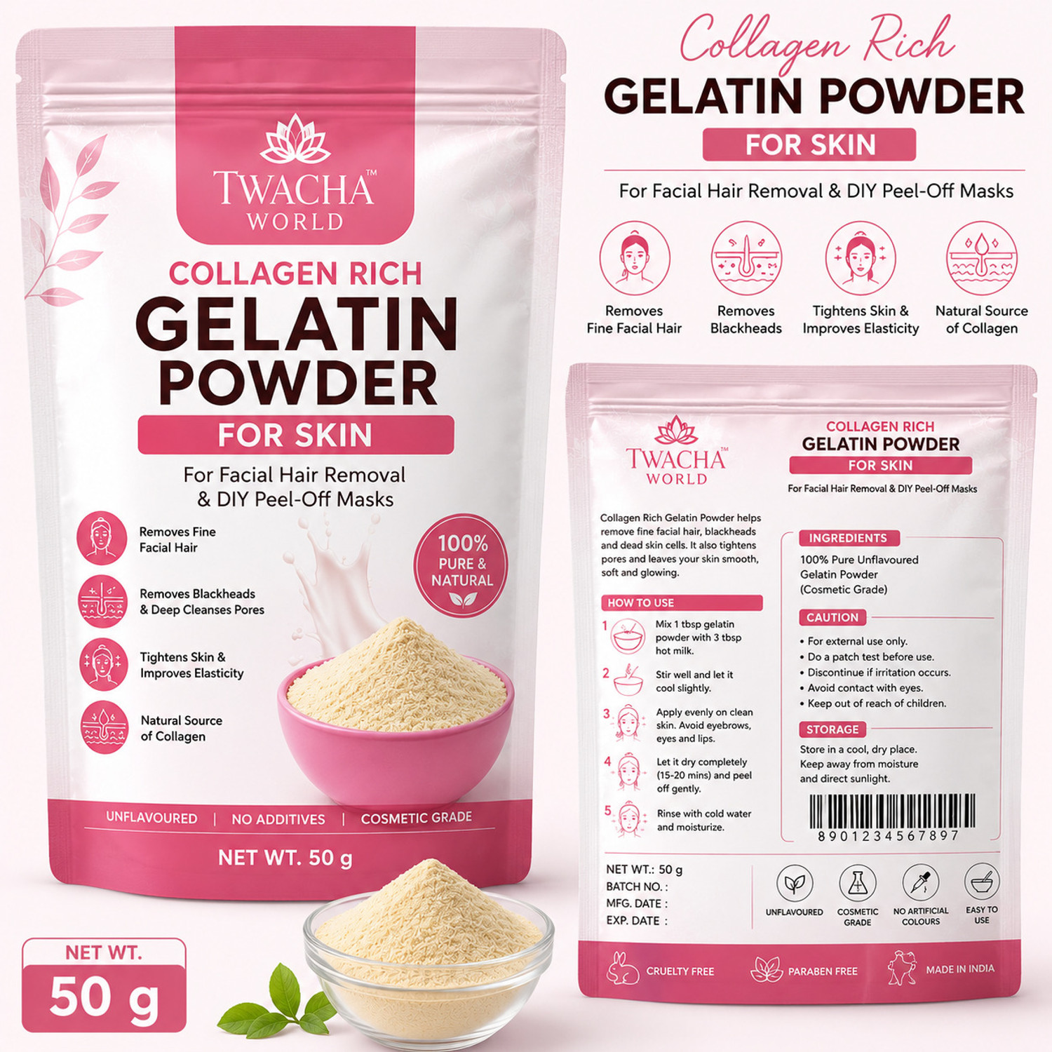 Image of Twacha world Collagen RIch Gelatin Powder For Face Mask /Hair removal (Skin Care)