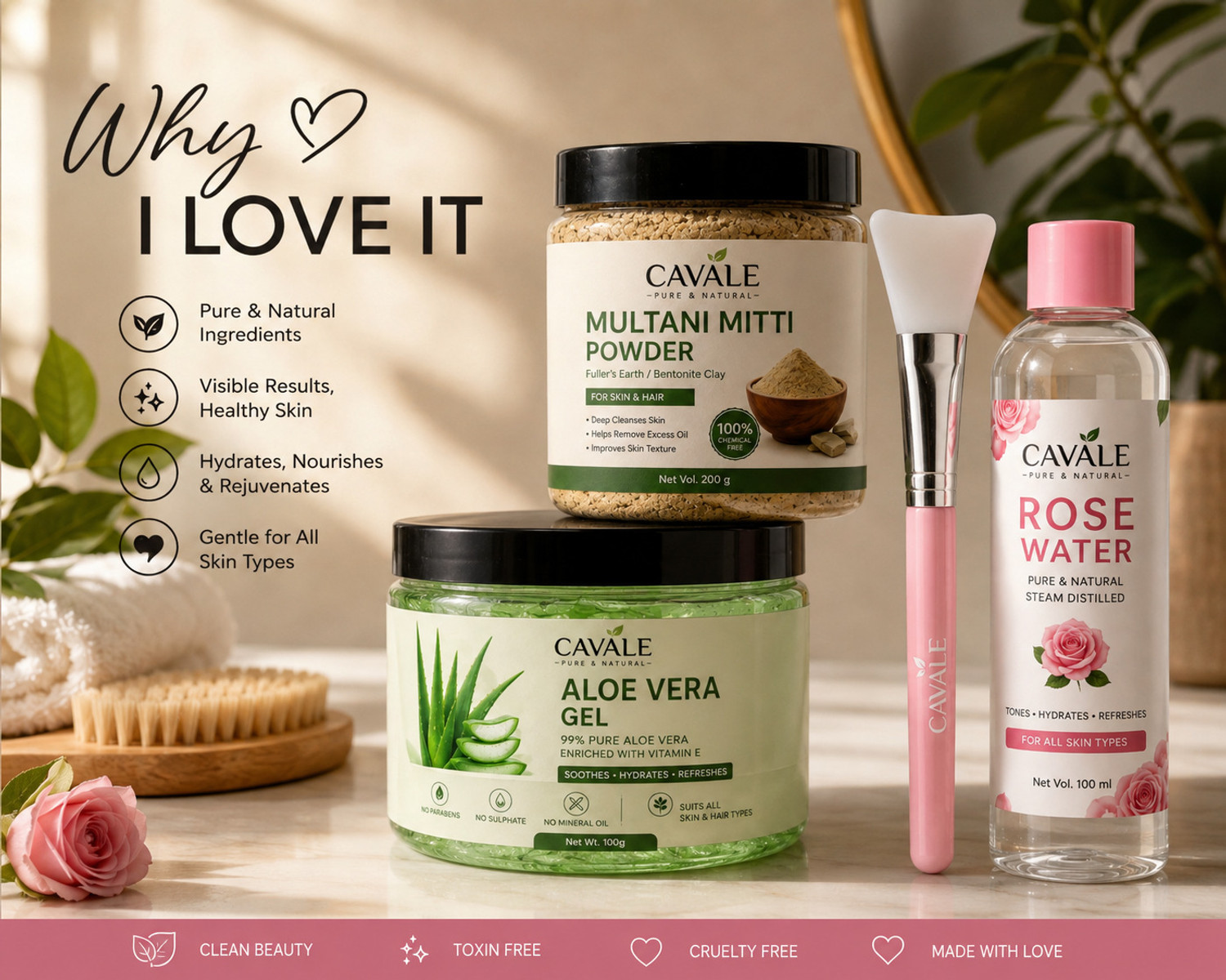 Image of cavale Multani Mitti Powder for Face with Rose Water Aloe Vera Gel Mask Brush Combo