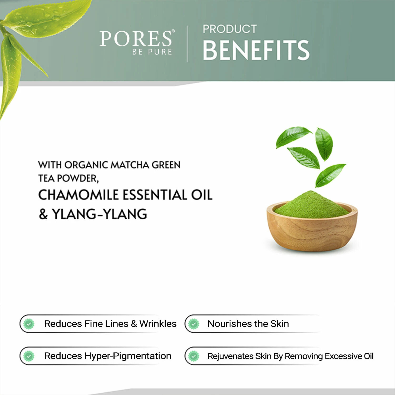 Image of PORES BE PURE Matcha Green Tea Face Pack Mask for Skin Brightening, Softening & Smoothening