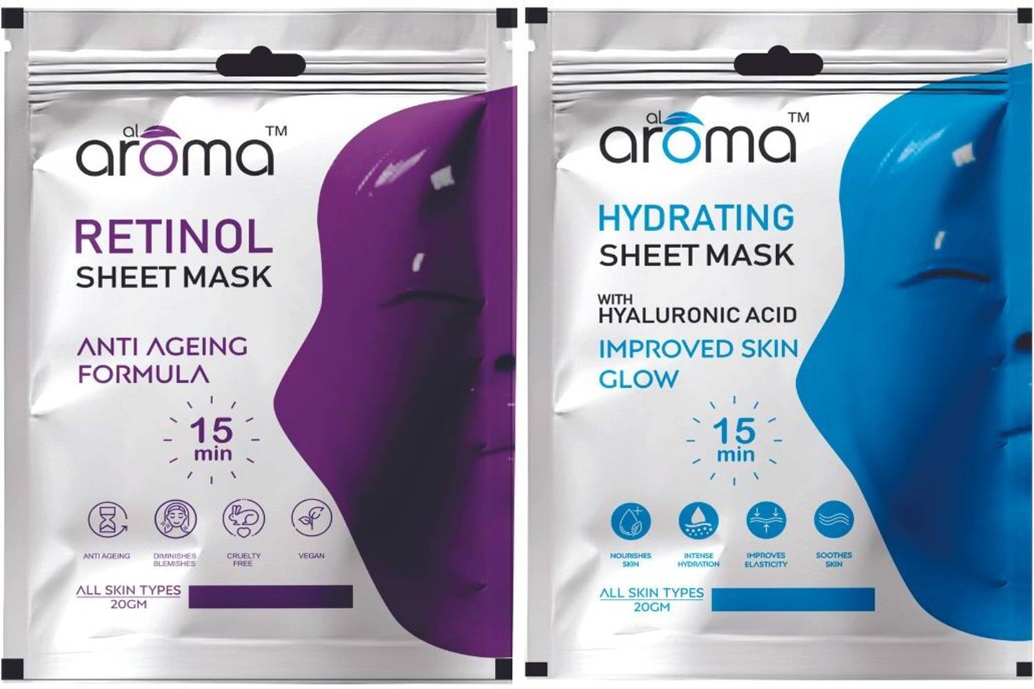 alaroma Retinol Sheet Mask + Hydrating Sheet Mask With Hyaluronic Acid
