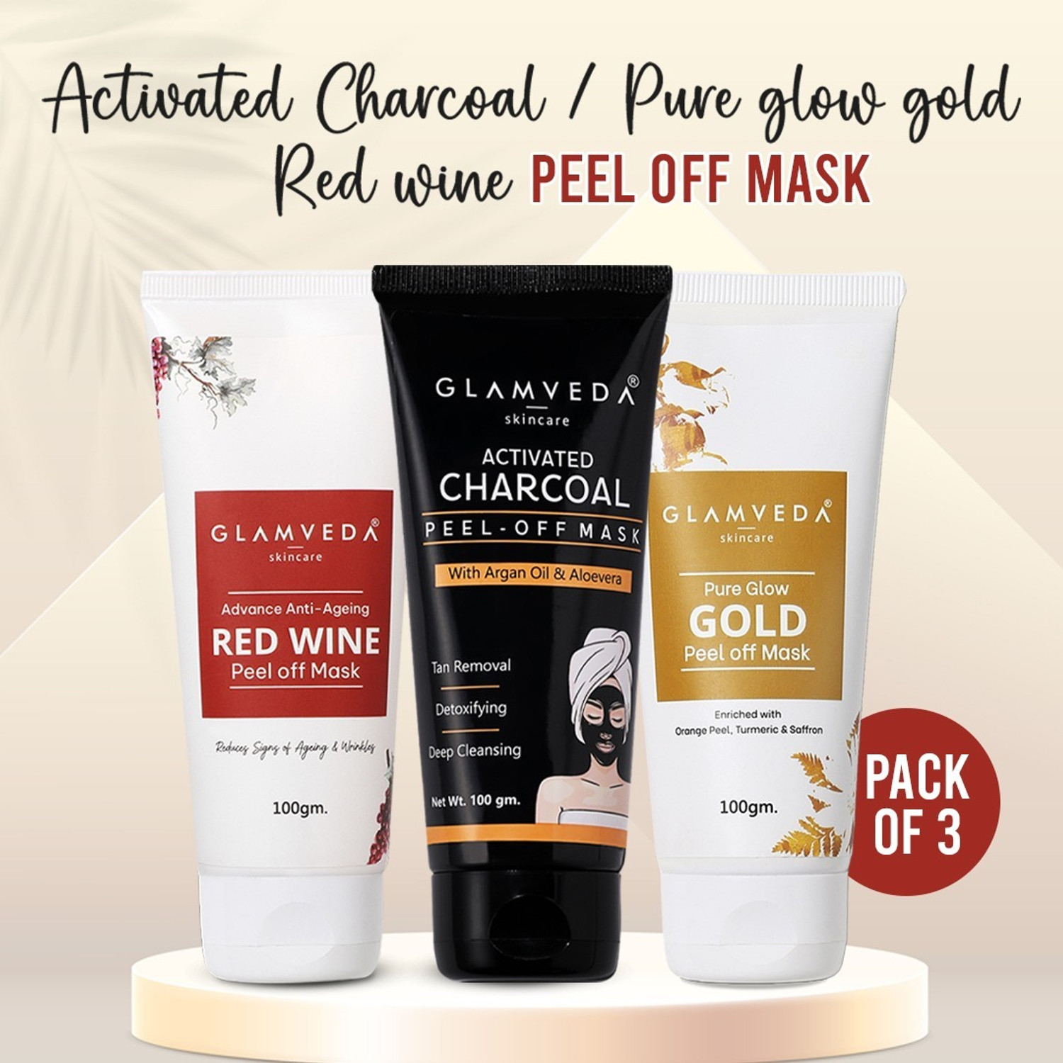 Image of GLAMVEDA Activate Charcoal , Red Wine , Pure Glow Gold Peel Off Mask ( pack Of 3 )