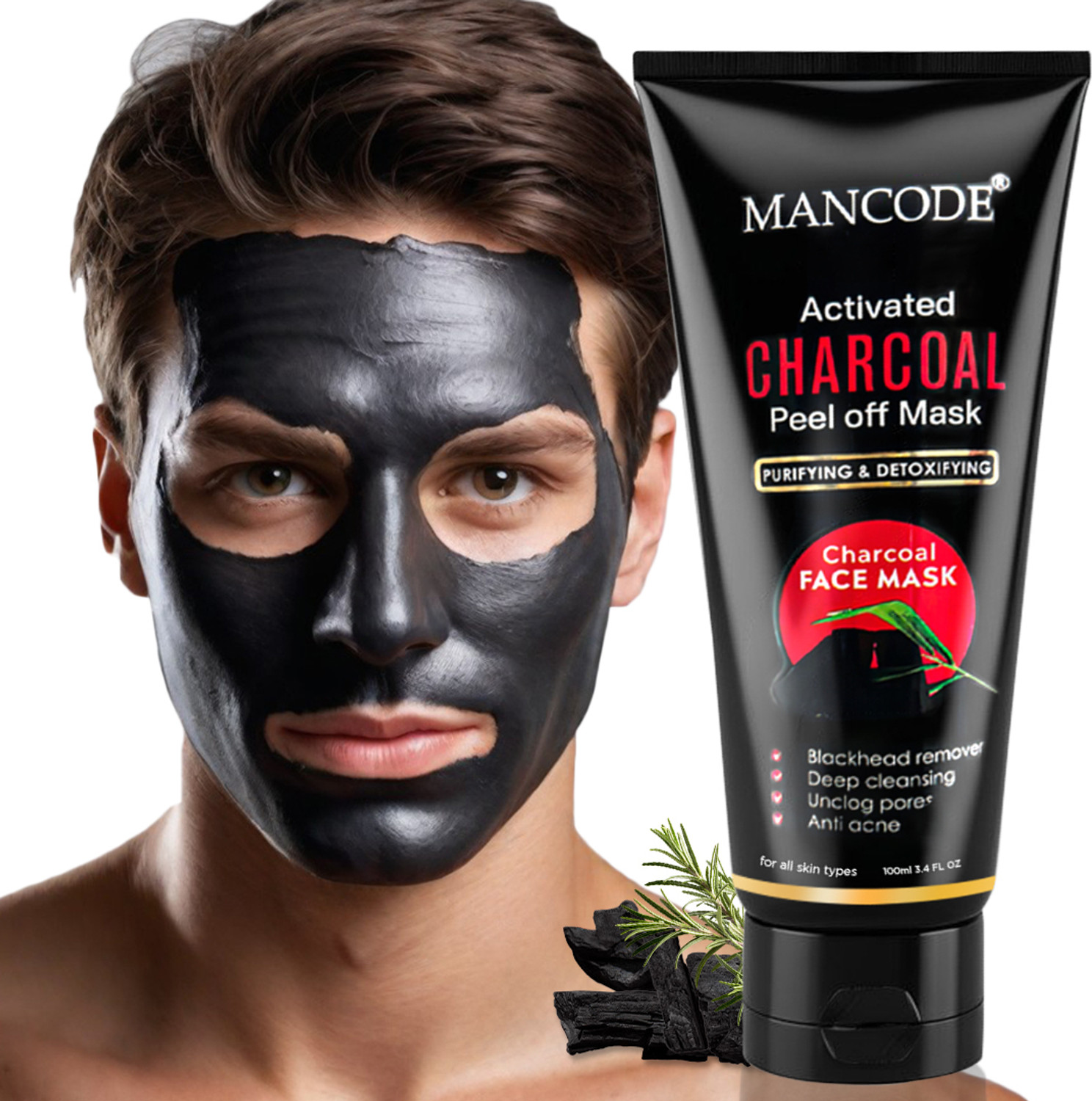 Image of MANCODE Charcoal Peel Off Mask for Men- 100gm, Detoxifies Skin, Deep Cleansing, Prevents Pore Clogging, Removes Blackheads, Enriched with Activated Charcoal, Aloe Vera and Gotukola Extract, Sulphate Free, PACK OF 1