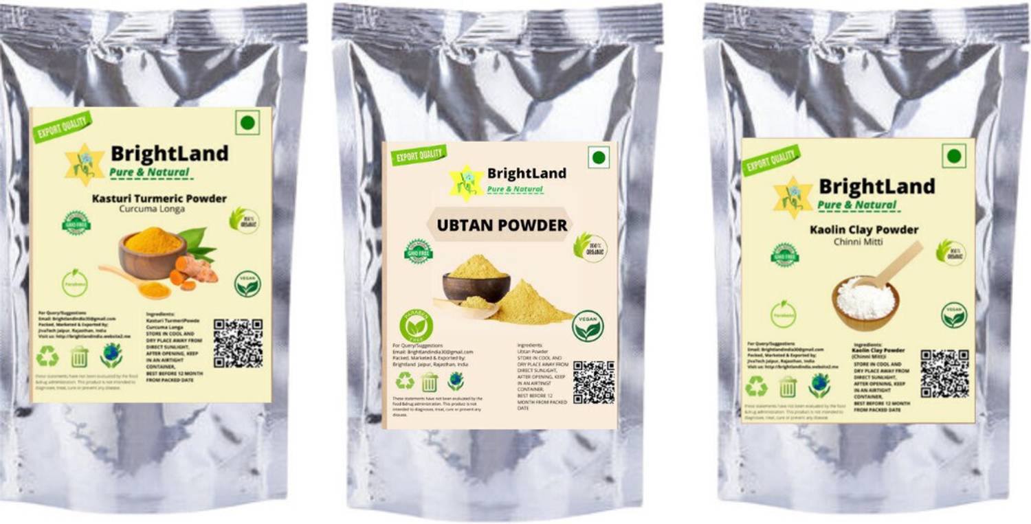 Brightland 50gm Kasturi Haldi 50gm Ubtan powder 50gm Kaolin clay powder