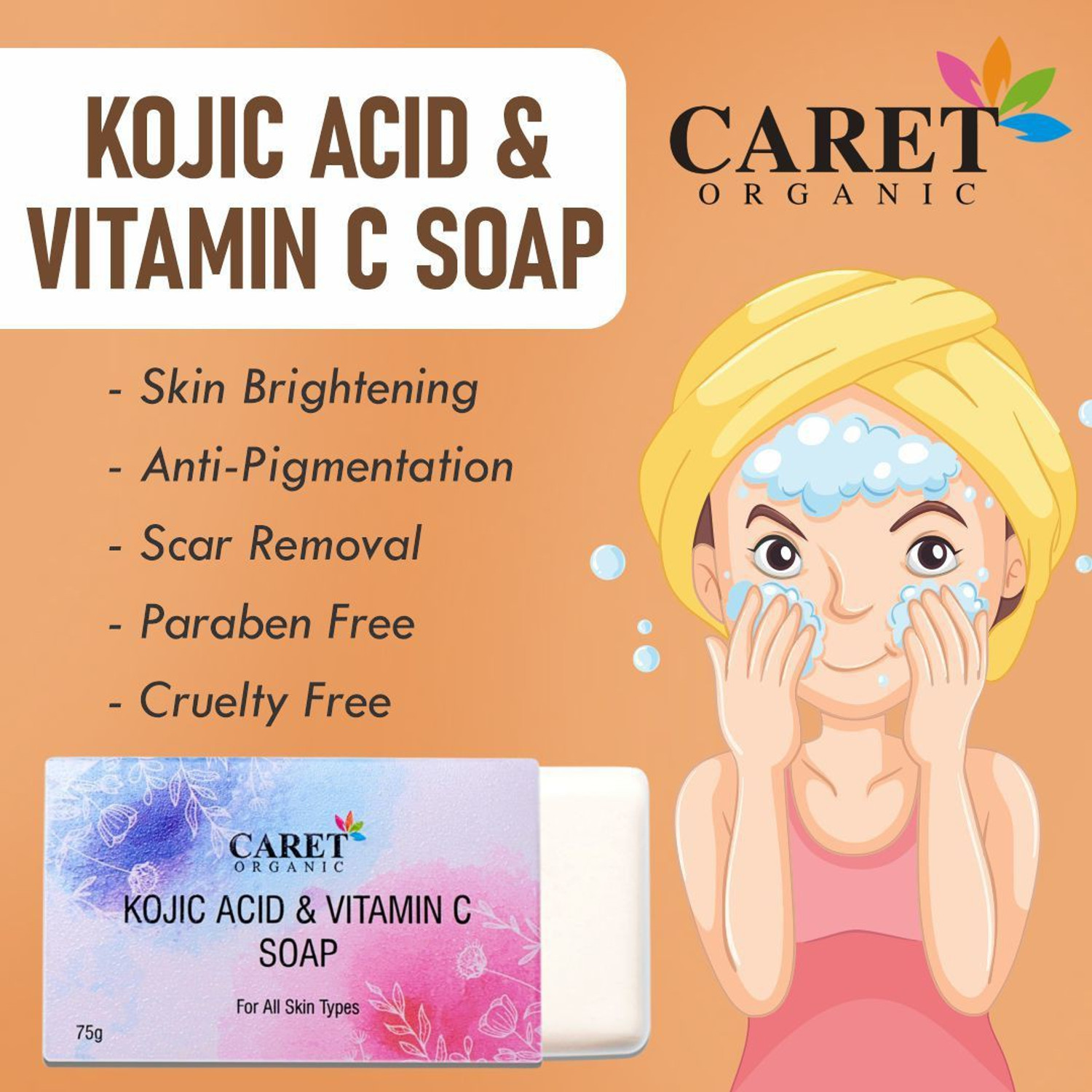 Image of Caret Organic Kojic Acid, Vitamin C Soap | Dermatologically Tested-Paraben Free