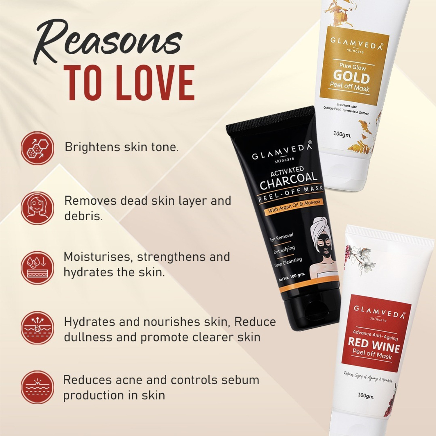 Image of GLAMVEDA Activate Charcoal , Red Wine , Pure Glow Gold Peel Off Mask ( pack Of 3 )