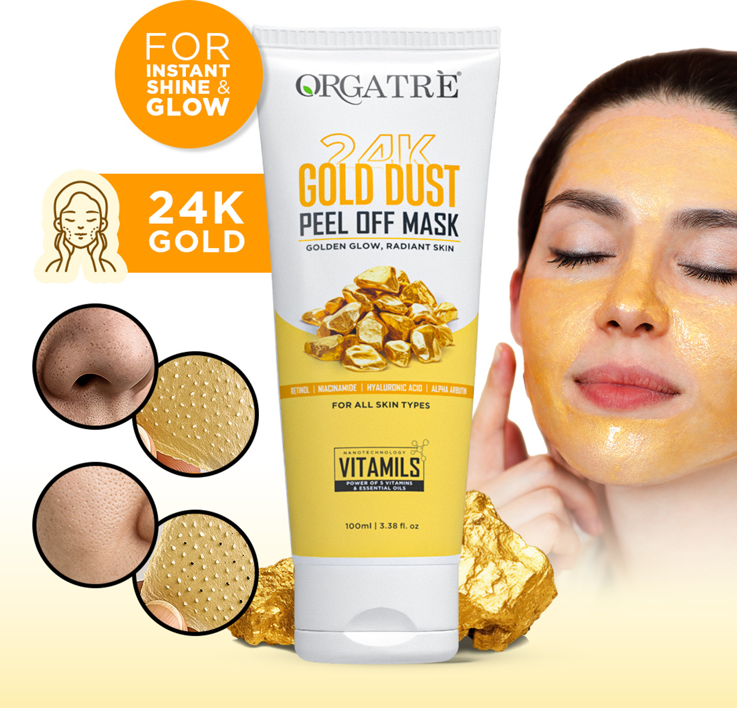 Orgatre 24K Gold Peel Off Mask for Glowing, Bright & Radiant Skin – Blackhead Remover