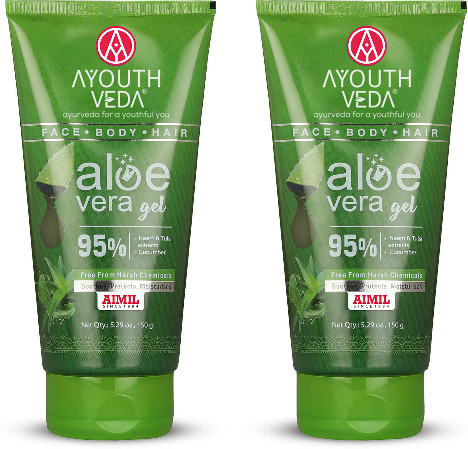 Image of AYOUTHVEDA Aloe Vera Gel|Multi Purpose Gel For Face, Body Tulsi & Cucumber Pack of 2