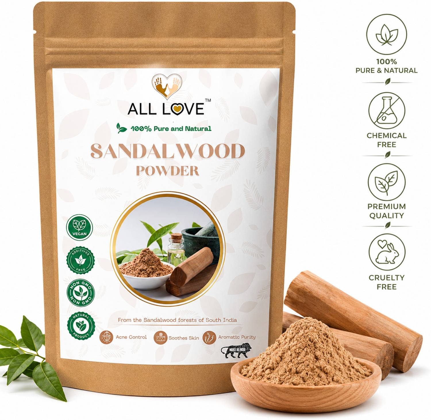 ALL LOVE Sandalwood Powder Face Pack for Glowing Skin & Tan Removal
