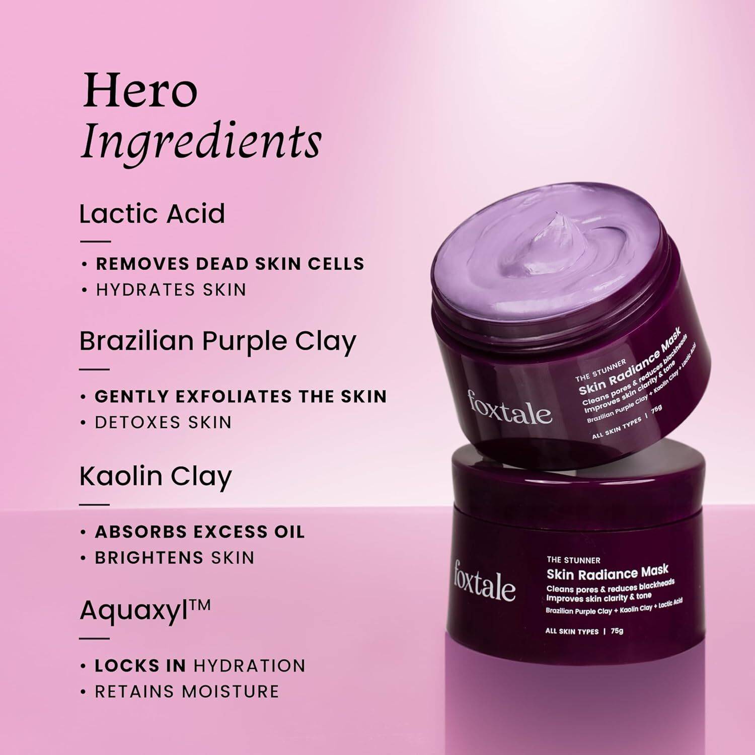 Foxtale De-Tan Face Pack,Clay Mask Lactic Acid,Brazil Purple Clay