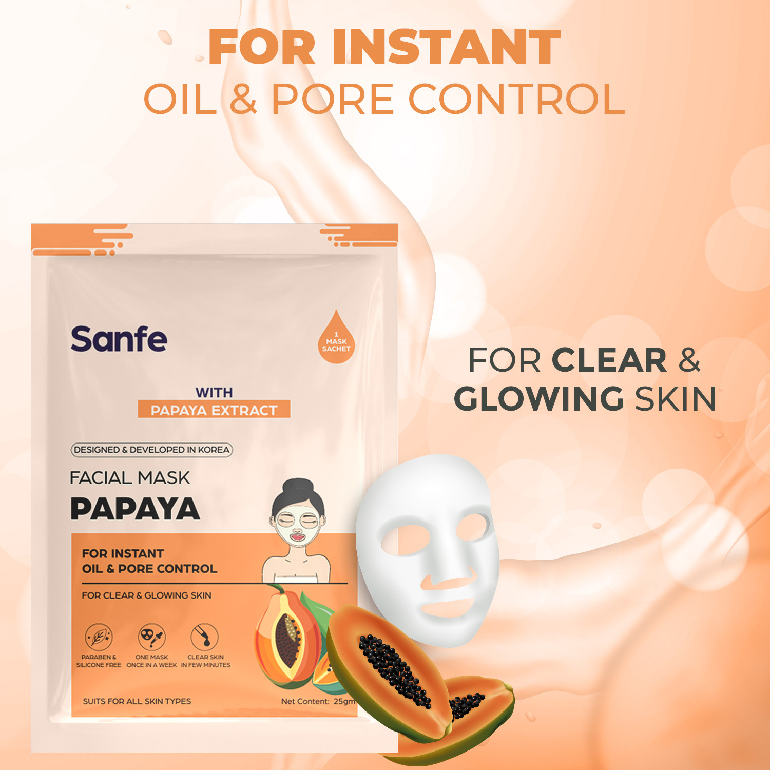 Image of Sanfe Papaya Face Sheet Mask 25gm Pack of 4| For radiant & glowing skin (25 g)