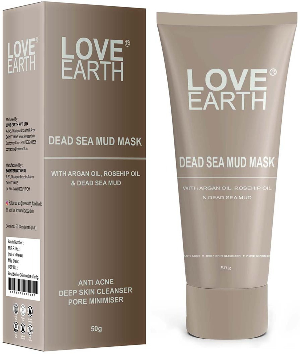 Image of LOVE EARTH Dead Sea Mud Mask with Argan Oil and Rosehip Oil For Acne, Deep Skin Cleaning