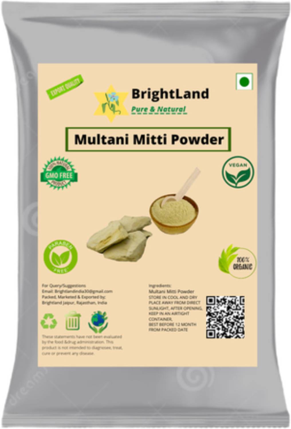 Brightland Pure & Natural Multani Mitti Powder| Bentonite Clay | Great For Hair, Face, Skin