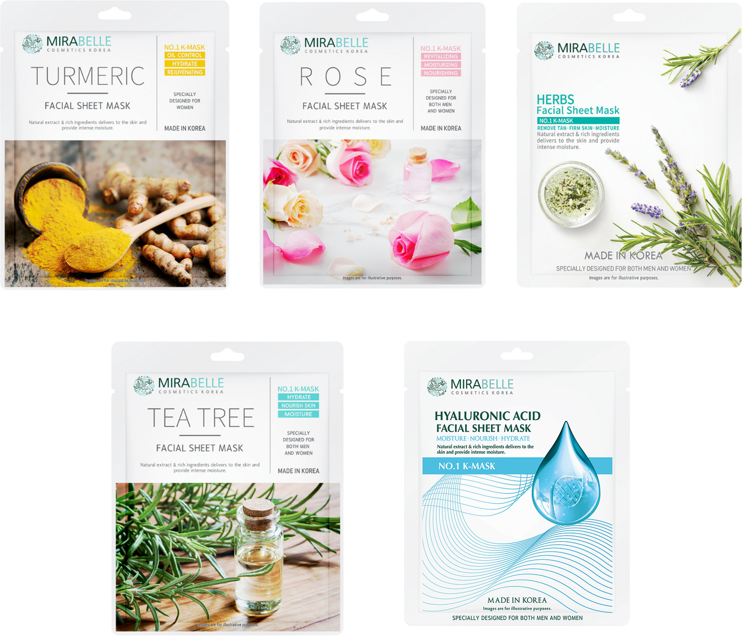Mirabelle KOREA COMBINATION SKIN FACE SHEET MASK COMBO PACK OF 5