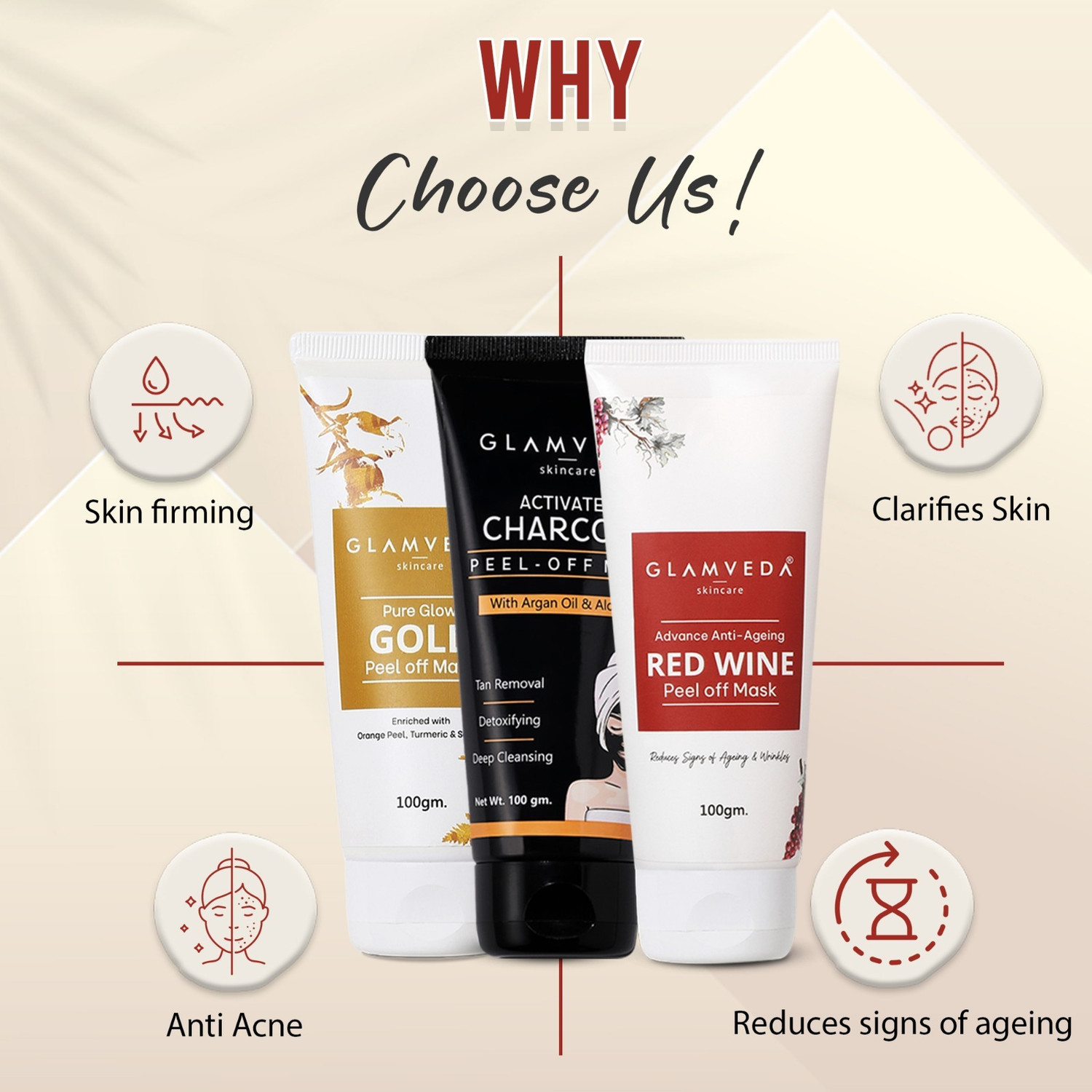 Image of GLAMVEDA Activate Charcoal , Red Wine , Pure Glow Gold Peel Off Mask ( pack Of 3 )